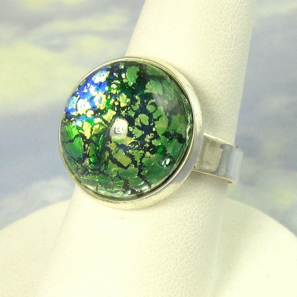 Adjustable Cocktail Ring Green Glass Opal Ring with Silver band